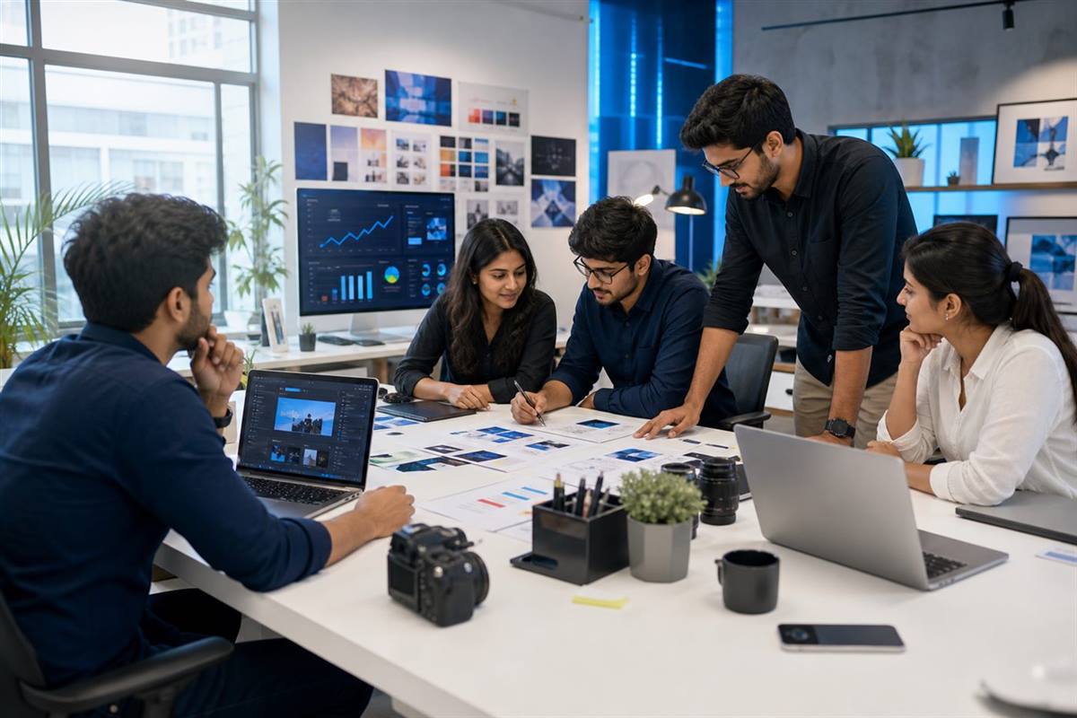 Custom Creative team collaborating in a modern creative studio